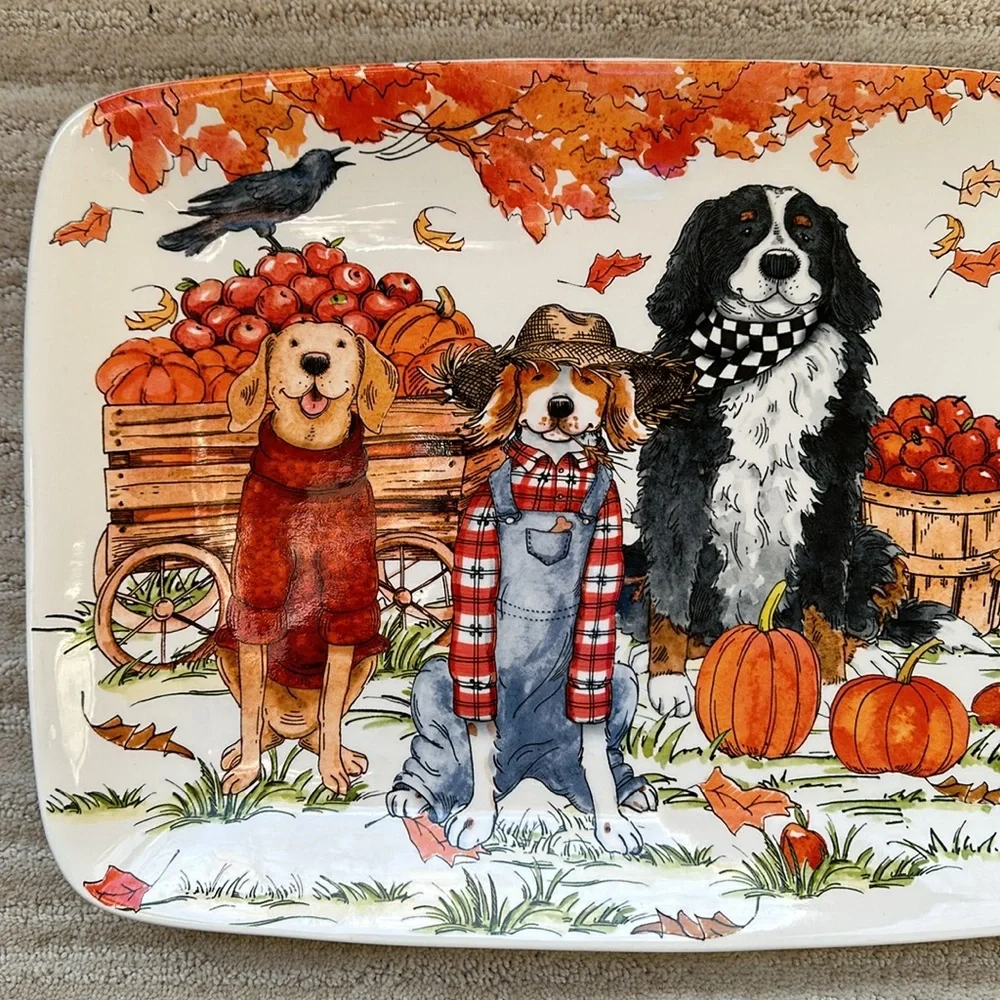 Certified International Sherri Buck Baldwin Autum Fall Dog Serving Platter Plate